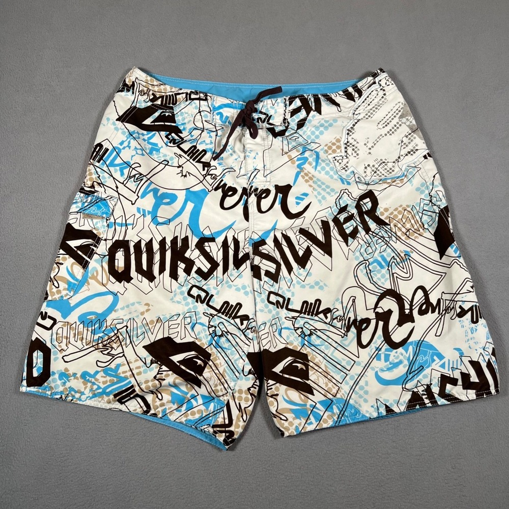 Quiksilver Board Shorts Men's Swim Trunks Size 36 Blue White Graffiti‎ Print Y2K